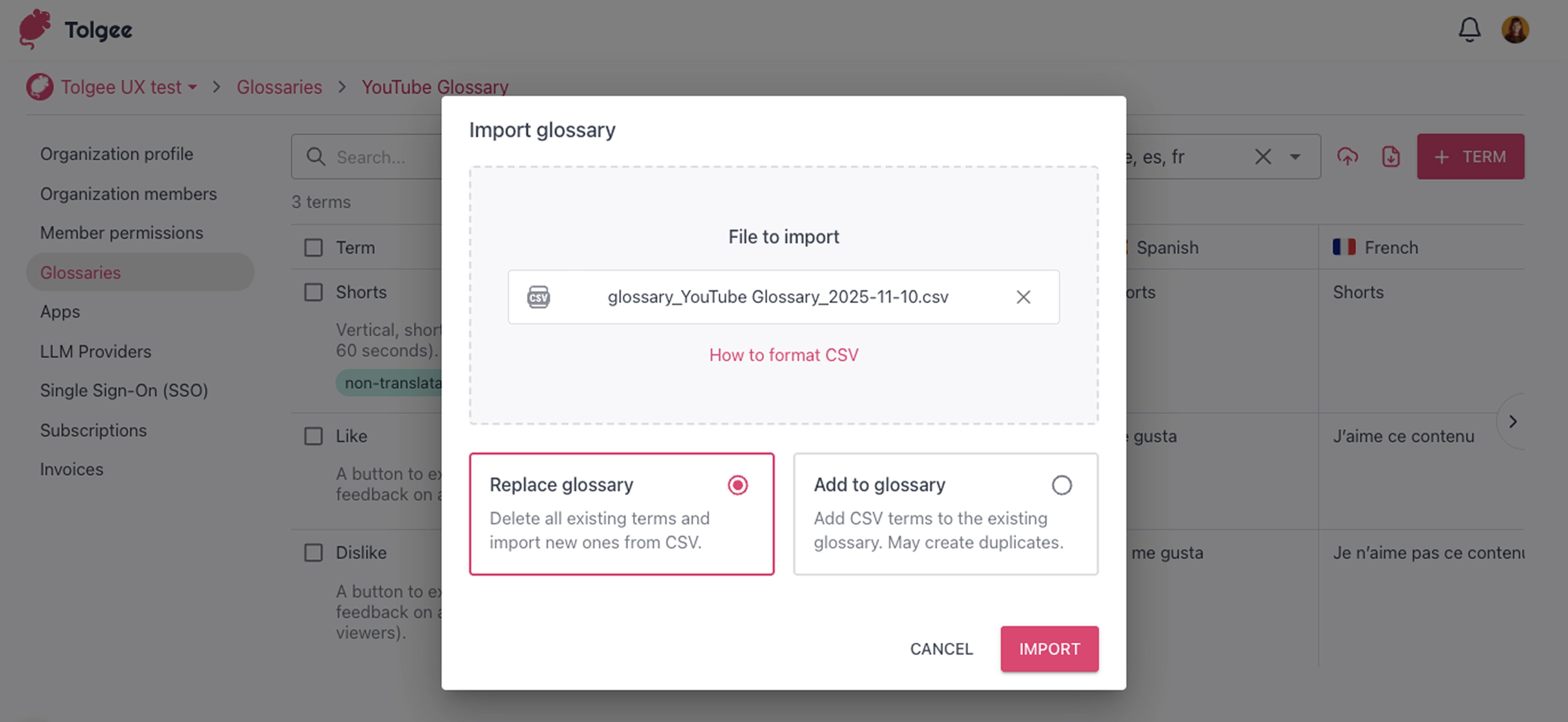 Import with an option Replace glossary